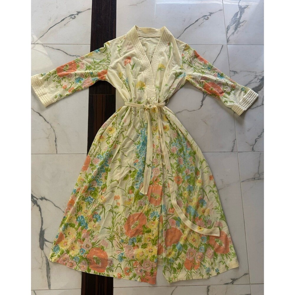 70s Vintage Pastel Floral Kimono Robe Cottagecore Coquette Dressing Gown Poppies